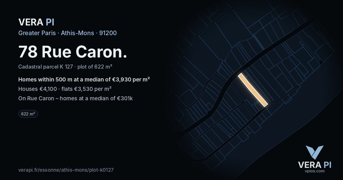 78 Rue Caron, Athis-Mons at night – the plot lit, the parcels around coloured by the prices near them