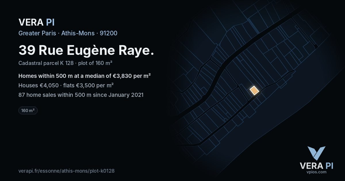 39 Rue Eugène Raye, Athis-Mons at night – the plot lit, the parcels around coloured by the prices near them