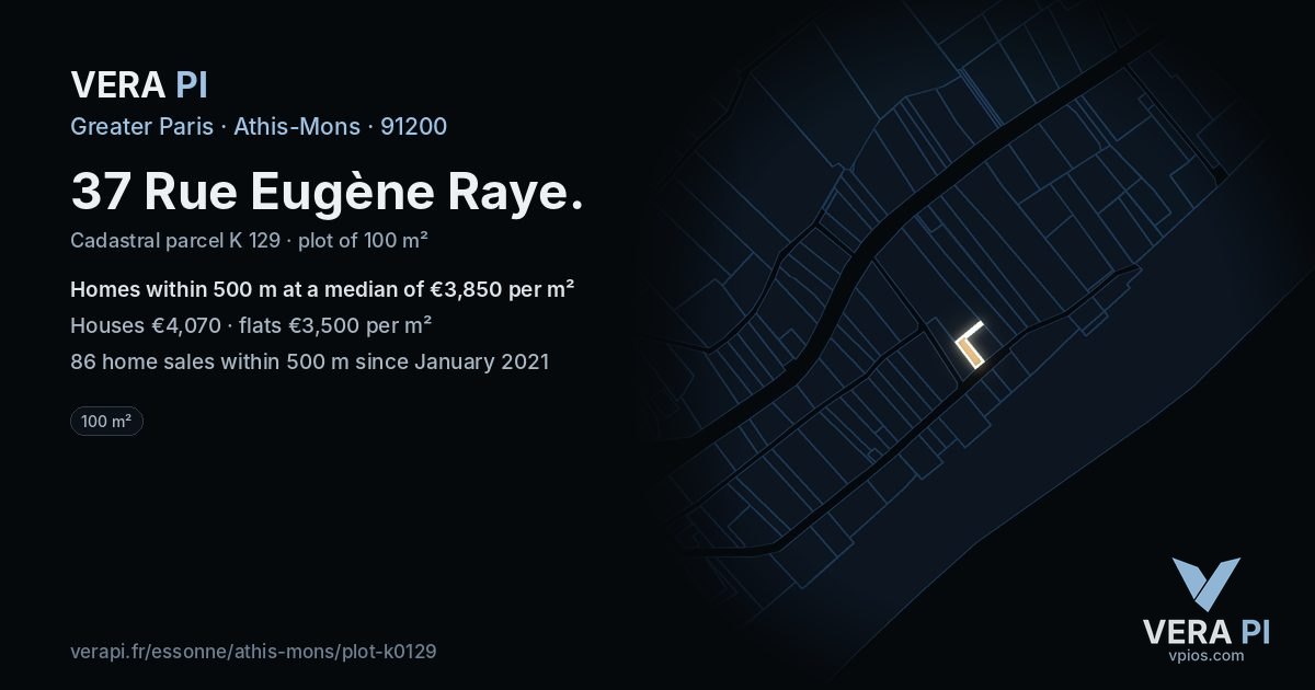 37 Rue Eugène Raye, Athis-Mons at night – the plot lit, the parcels around coloured by the prices near them