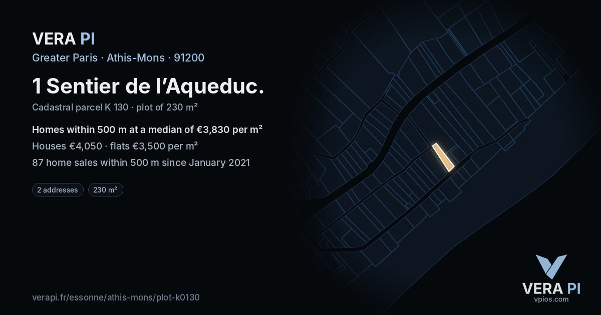1 Sentier de l’Aqueduc, Athis-Mons at night – the plot lit, the parcels around coloured by the prices near them