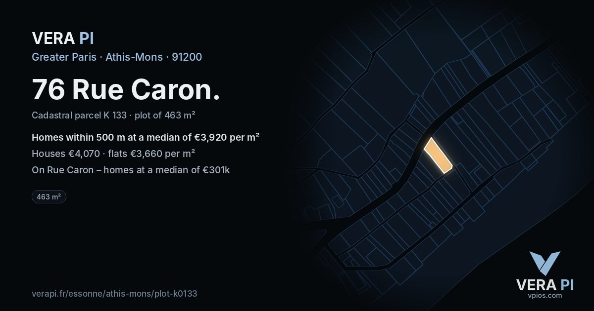 76 Rue Caron, Athis-Mons at night – the plot lit, the parcels around coloured by the prices near them
