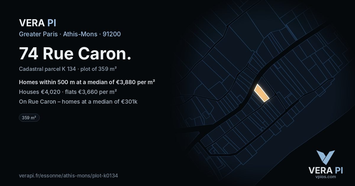 74 Rue Caron, Athis-Mons at night – the plot lit, the parcels around coloured by the prices near them