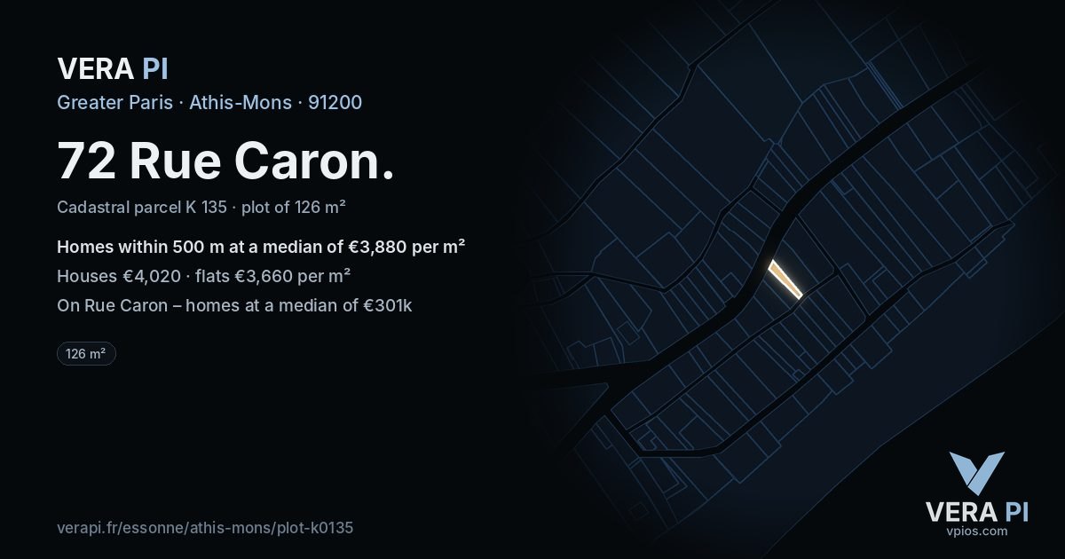 72 Rue Caron, Athis-Mons at night – the plot lit, the parcels around coloured by the prices near them