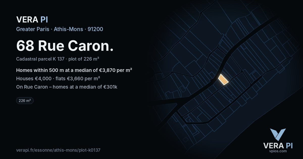 68 Rue Caron, Athis-Mons at night – the plot lit, the parcels around coloured by the prices near them