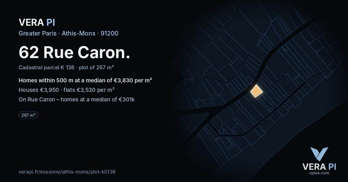 62 Rue Caron, Athis-Mons at night – the plot lit, the parcels around coloured by the prices near them