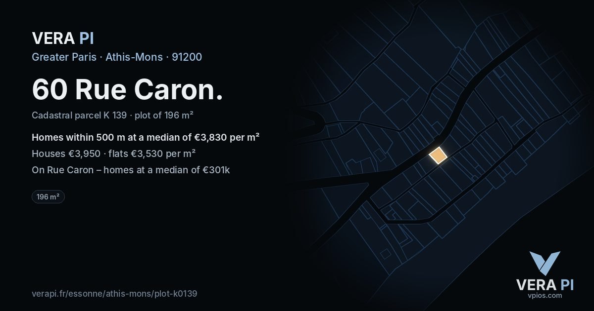 60 Rue Caron, Athis-Mons at night – the plot lit, the parcels around coloured by the prices near them