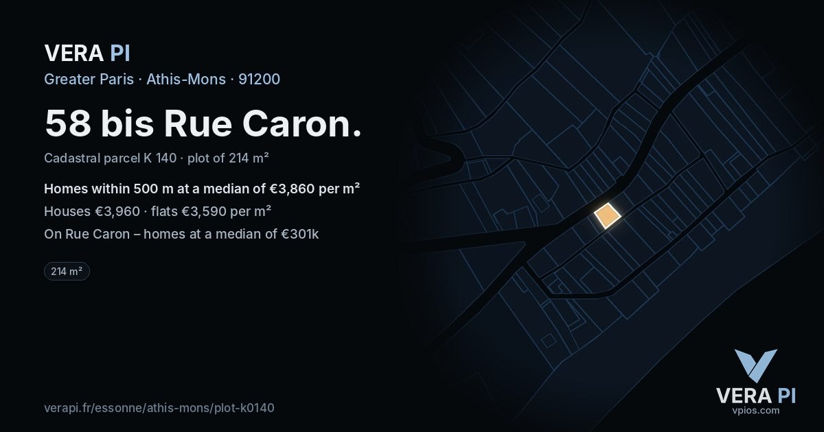 58 bis Rue Caron, Athis-Mons at night – the plot lit, the parcels around coloured by the prices near them