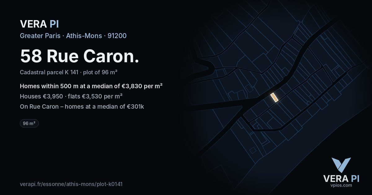 58 Rue Caron, Athis-Mons at night – the plot lit, the parcels around coloured by the prices near them