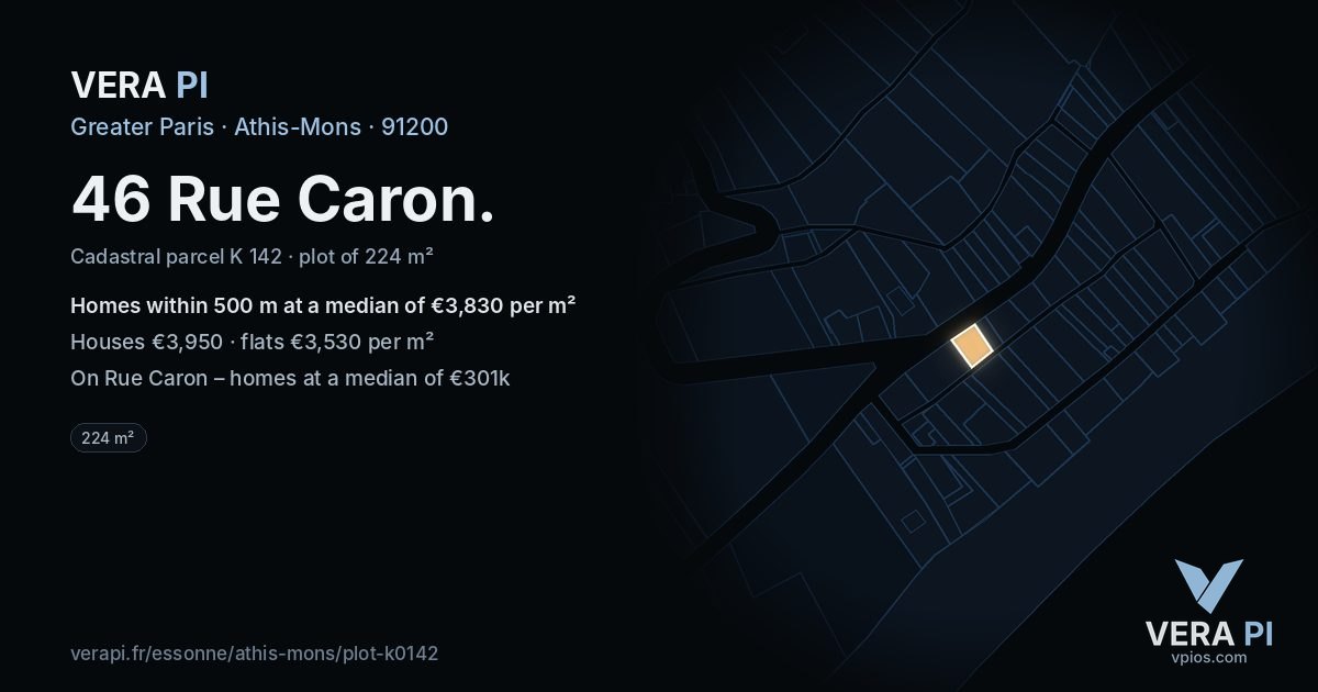 46 Rue Caron, Athis-Mons at night – the plot lit, the parcels around coloured by the prices near them