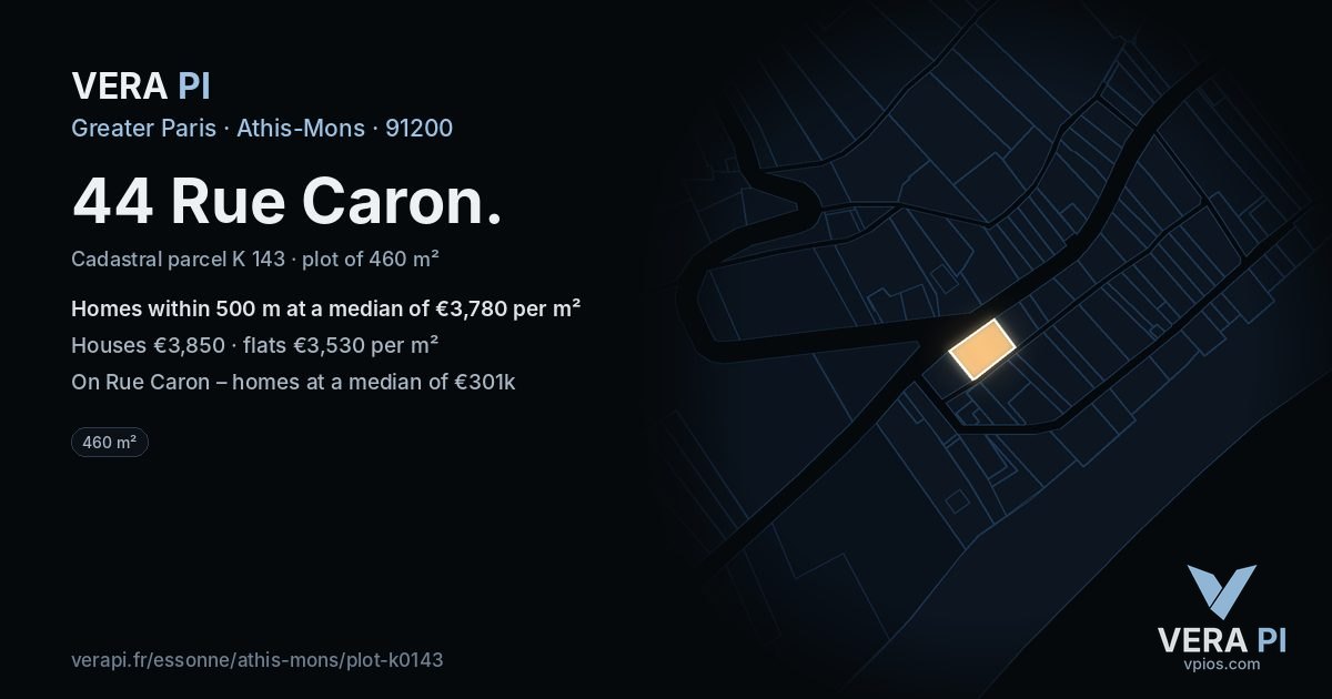 44 Rue Caron, Athis-Mons at night – the plot lit, the parcels around coloured by the prices near them
