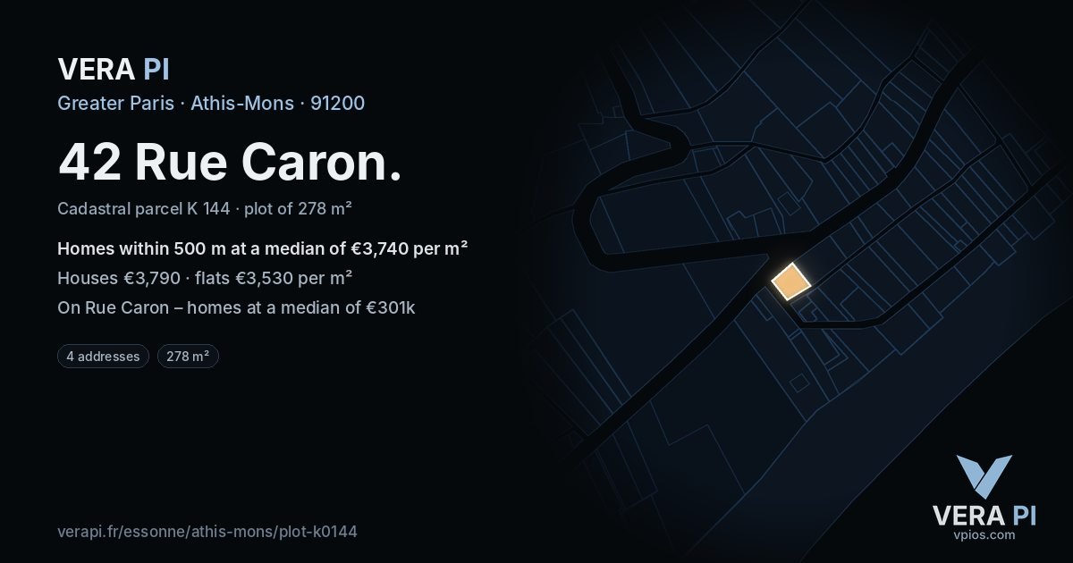 42 Rue Caron, Athis-Mons at night – the plot lit, the parcels around coloured by the prices near them