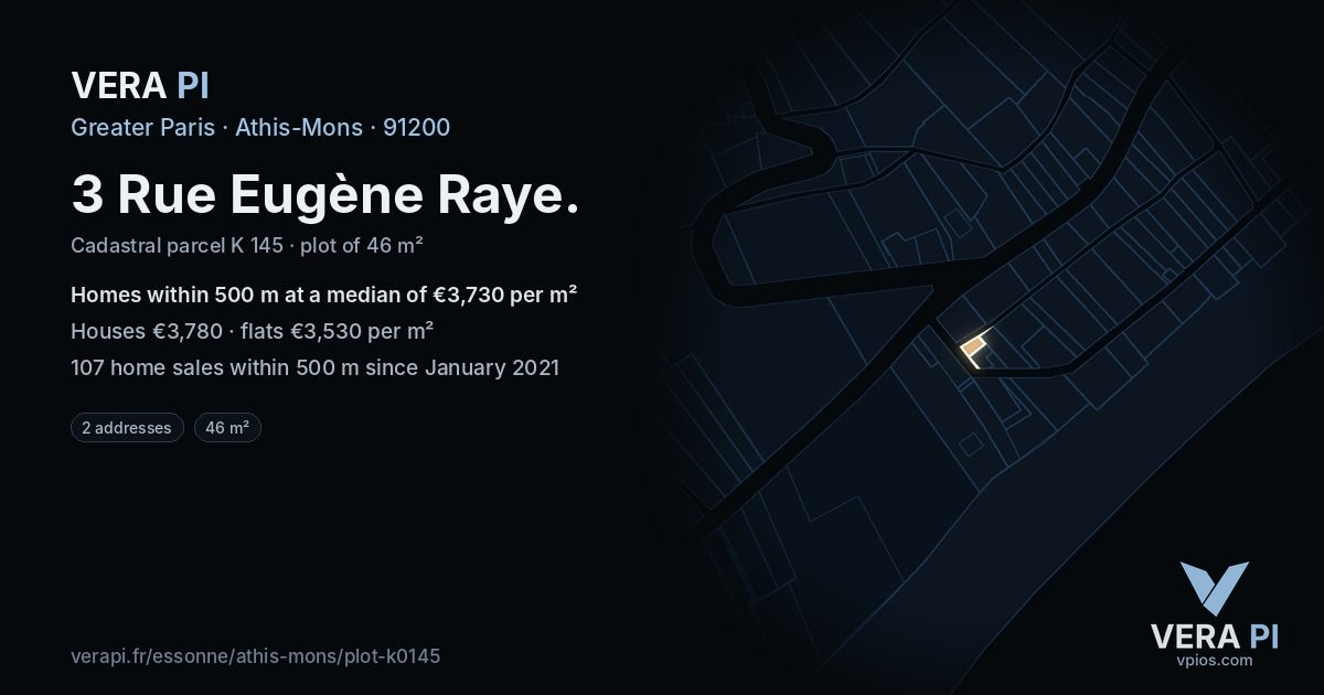 3 Rue Eugène Raye, Athis-Mons at night – the plot lit, the parcels around coloured by the prices near them