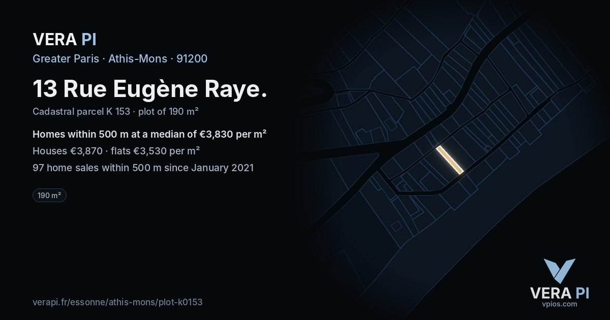 13 Rue Eugène Raye, Athis-Mons at night – the plot lit, the parcels around coloured by the prices near them