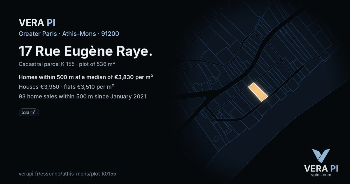 17 Rue Eugène Raye, Athis-Mons at night – the plot lit, the parcels around coloured by the prices near them