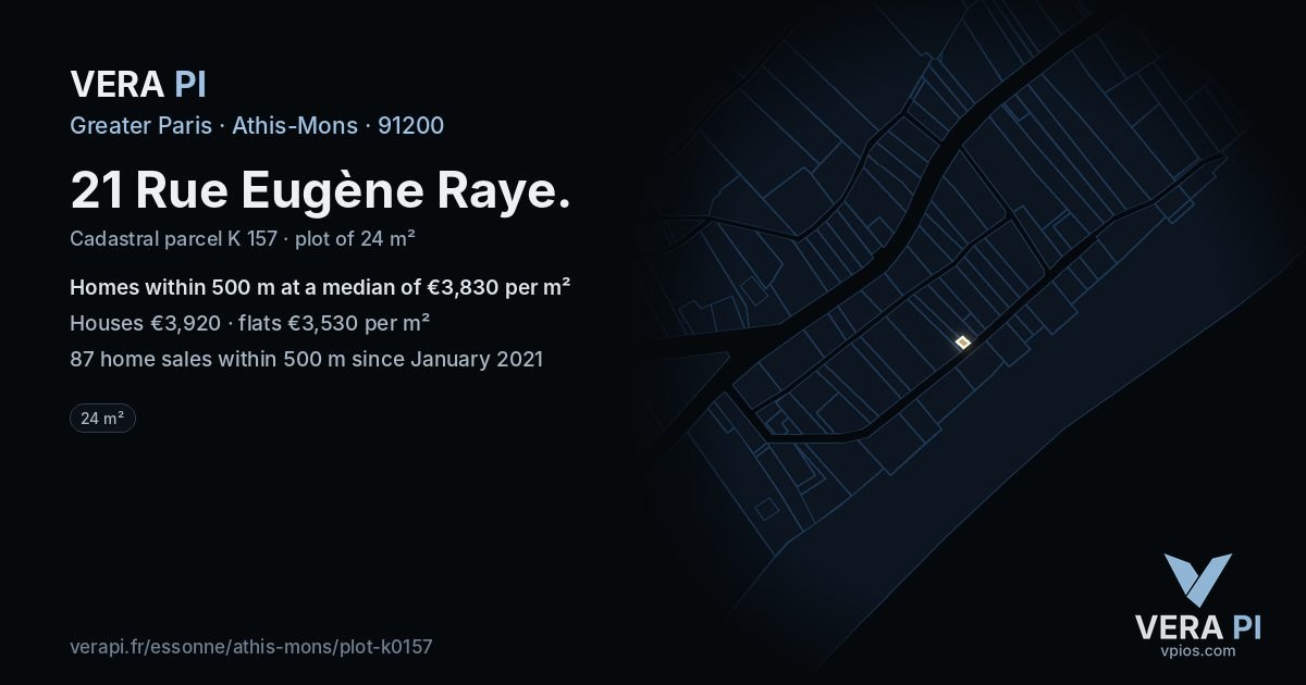 21 Rue Eugène Raye, Athis-Mons at night – the plot lit, the parcels around coloured by the prices near them