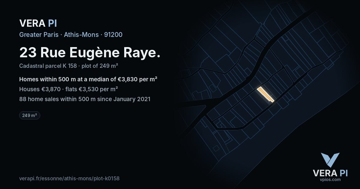 23 Rue Eugène Raye, Athis-Mons at night – the plot lit, the parcels around coloured by the prices near them
