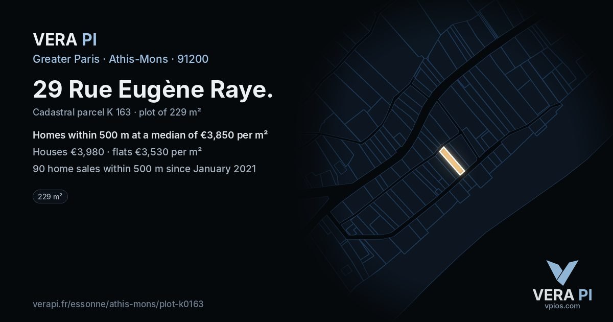 29 Rue Eugène Raye, Athis-Mons at night – the plot lit, the parcels around coloured by the prices near them