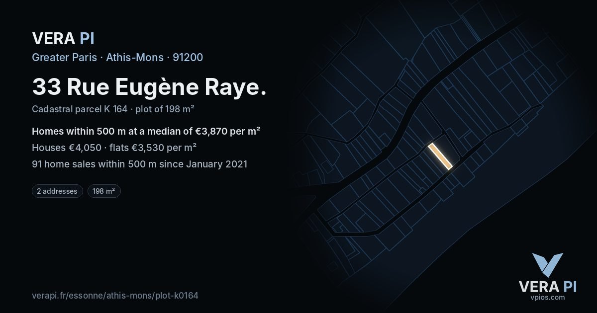 33 Rue Eugène Raye, Athis-Mons at night – the plot lit, the parcels around coloured by the prices near them