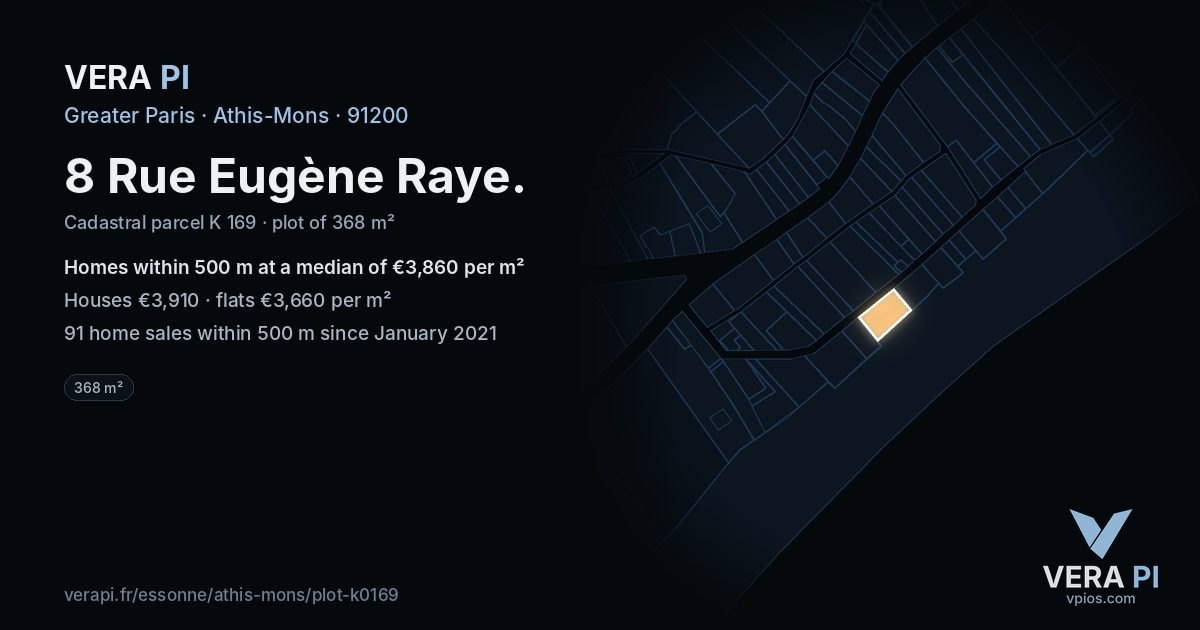 8 Rue Eugène Raye, Athis-Mons at night – the plot lit, the parcels around coloured by the prices near them