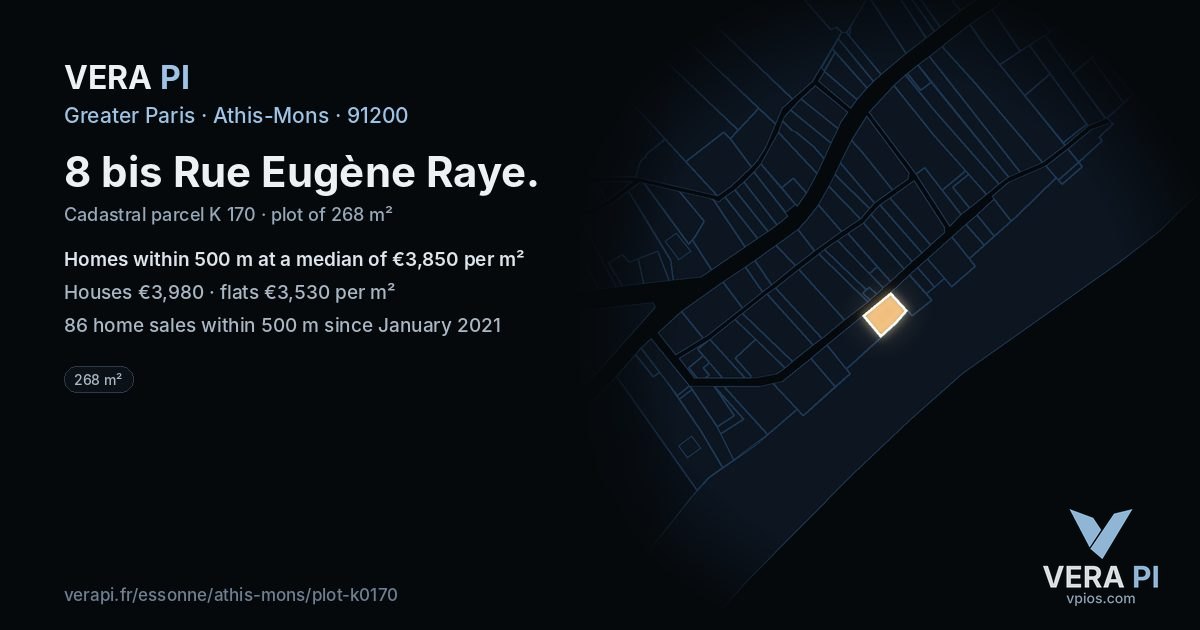 8 bis Rue Eugène Raye, Athis-Mons at night – the plot lit, the parcels around coloured by the prices near them