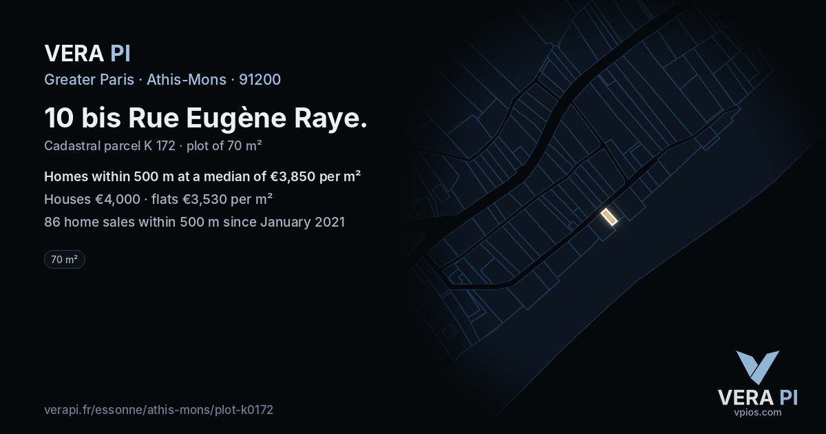 10 bis Rue Eugène Raye, Athis-Mons at night – the plot lit, the parcels around coloured by the prices near them