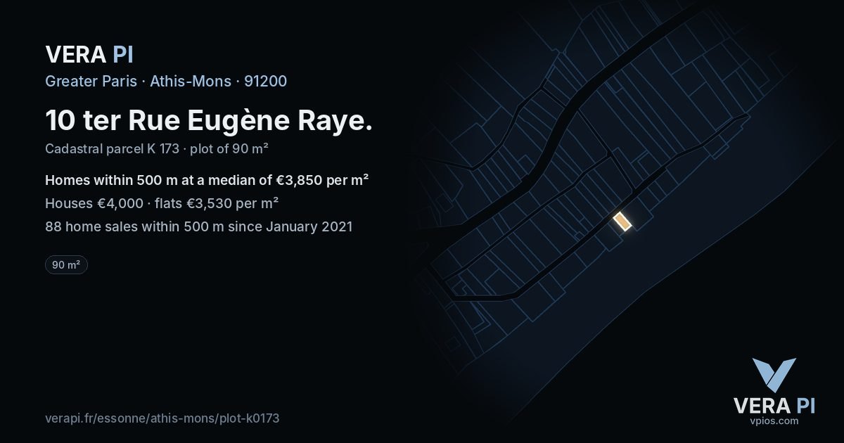 10 ter Rue Eugène Raye, Athis-Mons at night – the plot lit, the parcels around coloured by the prices near them