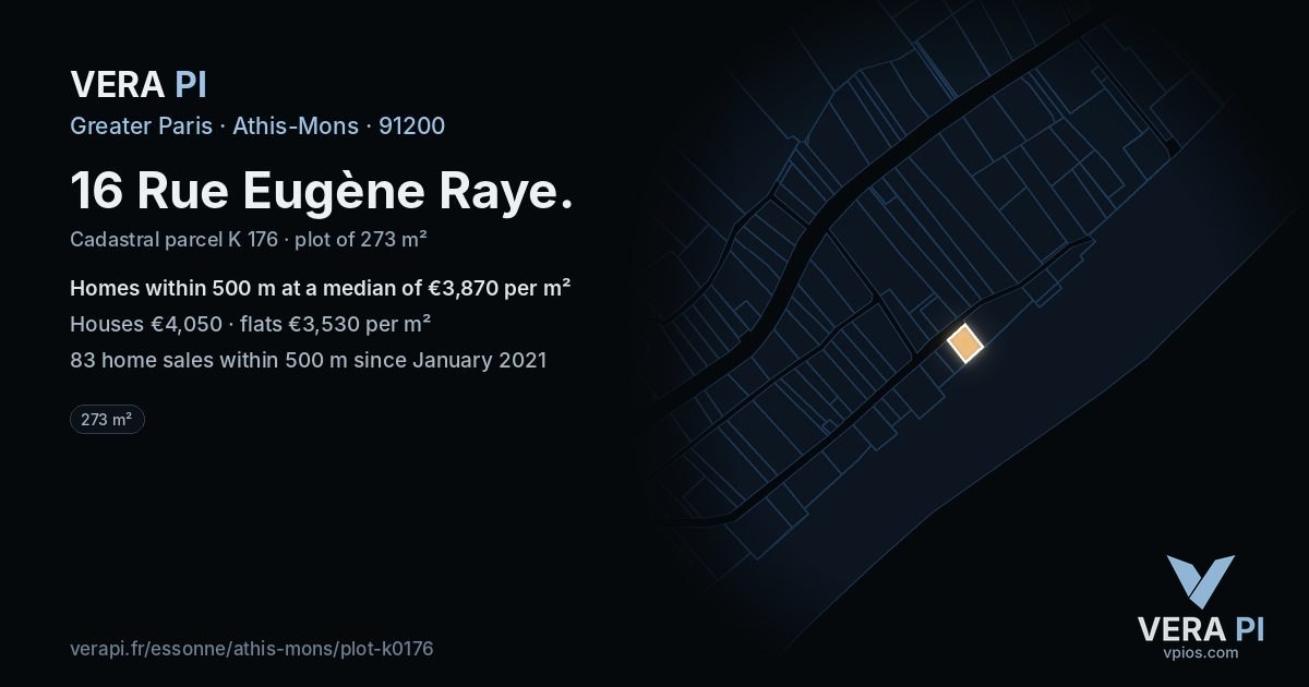 16 Rue Eugène Raye, Athis-Mons at night – the plot lit, the parcels around coloured by the prices near them