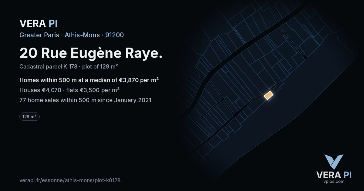 20 Rue Eugène Raye, Athis-Mons at night – the plot lit, the parcels around coloured by the prices near them