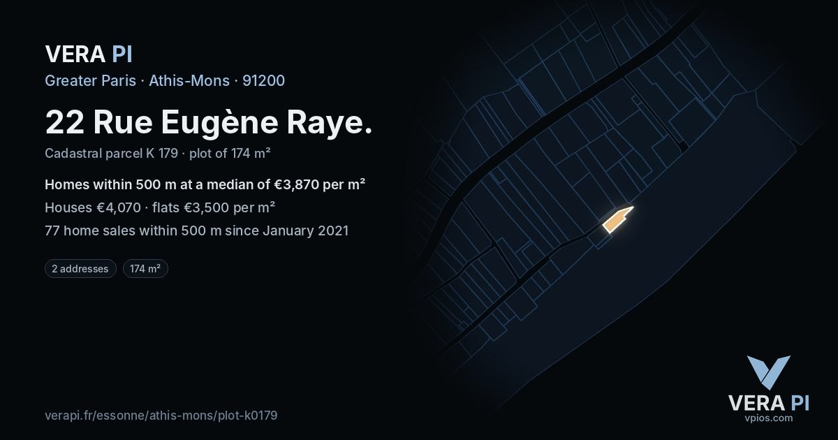 22 Rue Eugène Raye, Athis-Mons at night – the plot lit, the parcels around coloured by the prices near them