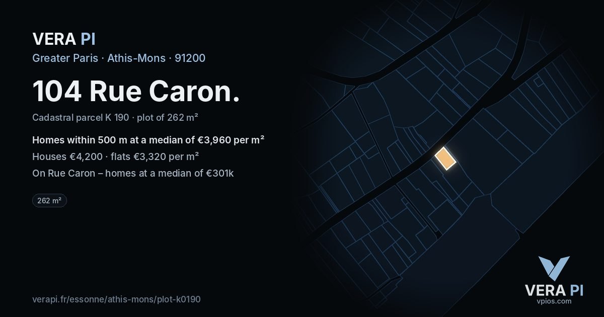 104 Rue Caron, Athis-Mons at night – the plot lit, the parcels around coloured by the prices near them