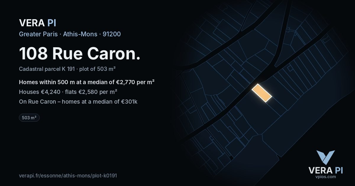 108 Rue Caron, Athis-Mons at night – the plot lit, the parcels around coloured by the prices near them