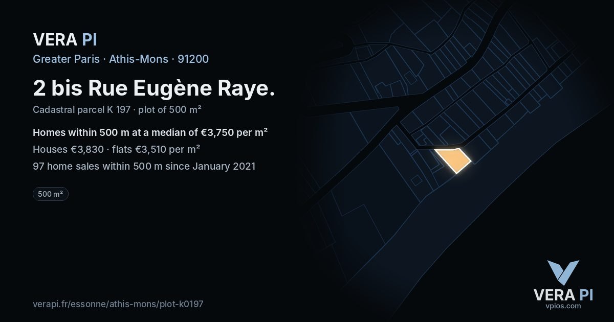 2 bis Rue Eugène Raye, Athis-Mons at night – the plot lit, the parcels around coloured by the prices near them