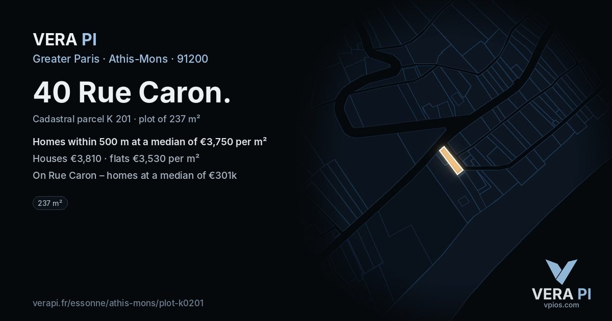40 Rue Caron, Athis-Mons at night – the plot lit, the parcels around coloured by the prices near them