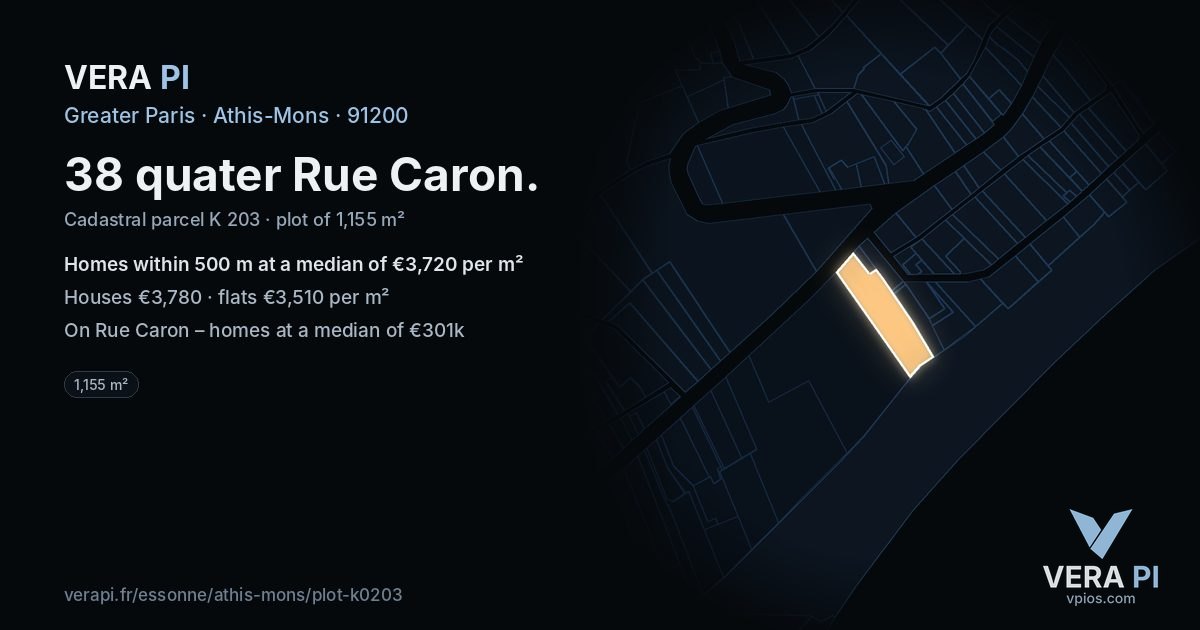 38 quater Rue Caron, Athis-Mons at night – the plot lit, the parcels around coloured by the prices near them