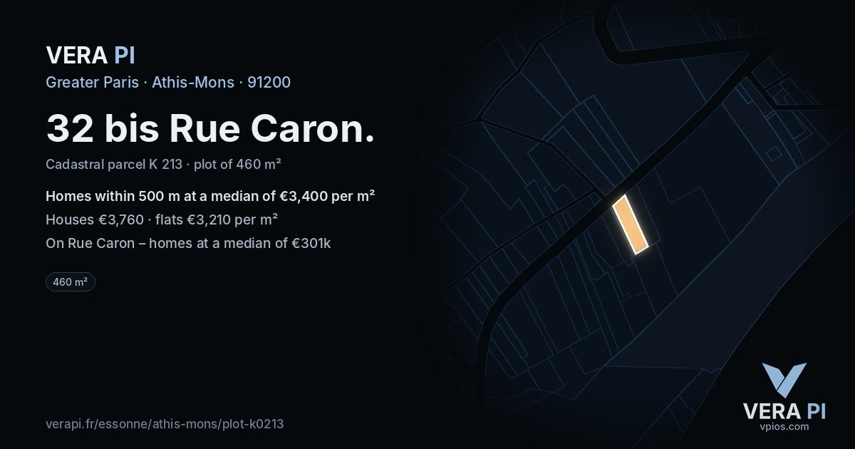 32 bis Rue Caron, Athis-Mons at night – the plot lit, the parcels around coloured by the prices near them