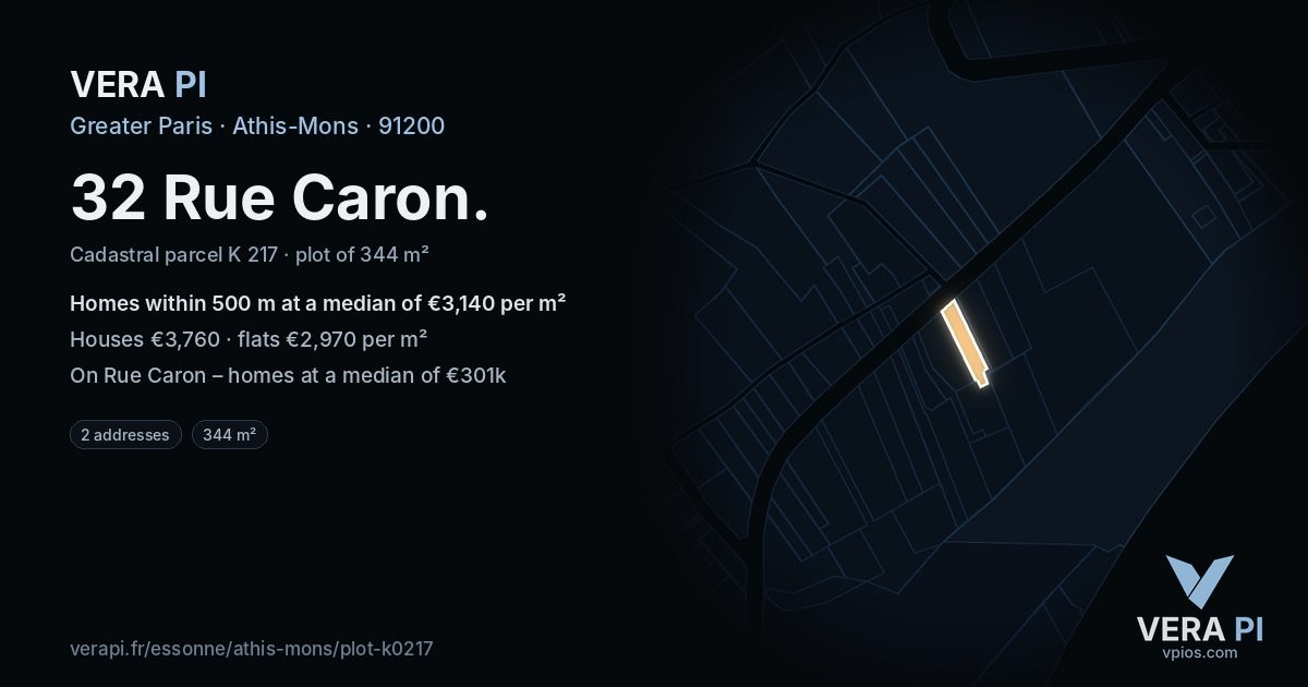 32 Rue Caron, Athis-Mons at night – the plot lit, the parcels around coloured by the prices near them