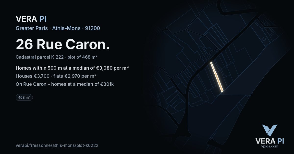 26 Rue Caron, Athis-Mons at night – the plot lit, the parcels around coloured by the prices near them
