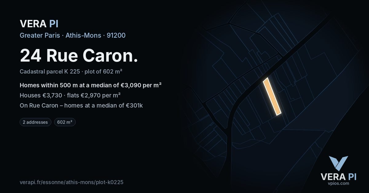 24 Rue Caron, Athis-Mons at night – the plot lit, the parcels around coloured by the prices near them