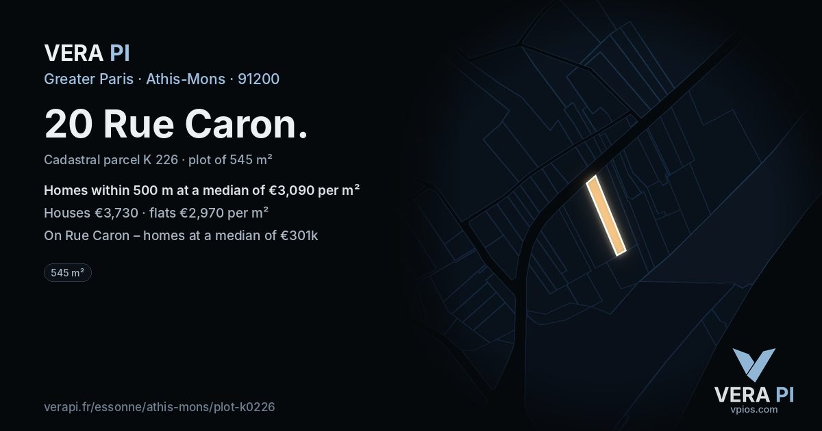 20 Rue Caron, Athis-Mons at night – the plot lit, the parcels around coloured by the prices near them