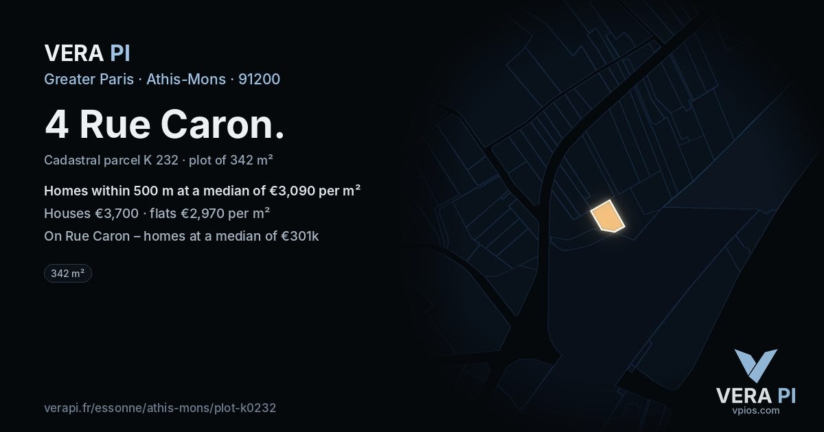 4 Rue Caron, Athis-Mons at night – the plot lit, the parcels around coloured by the prices near them