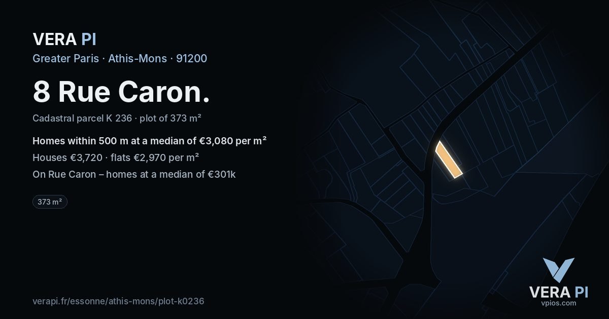 8 Rue Caron, Athis-Mons at night – the plot lit, the parcels around coloured by the prices near them