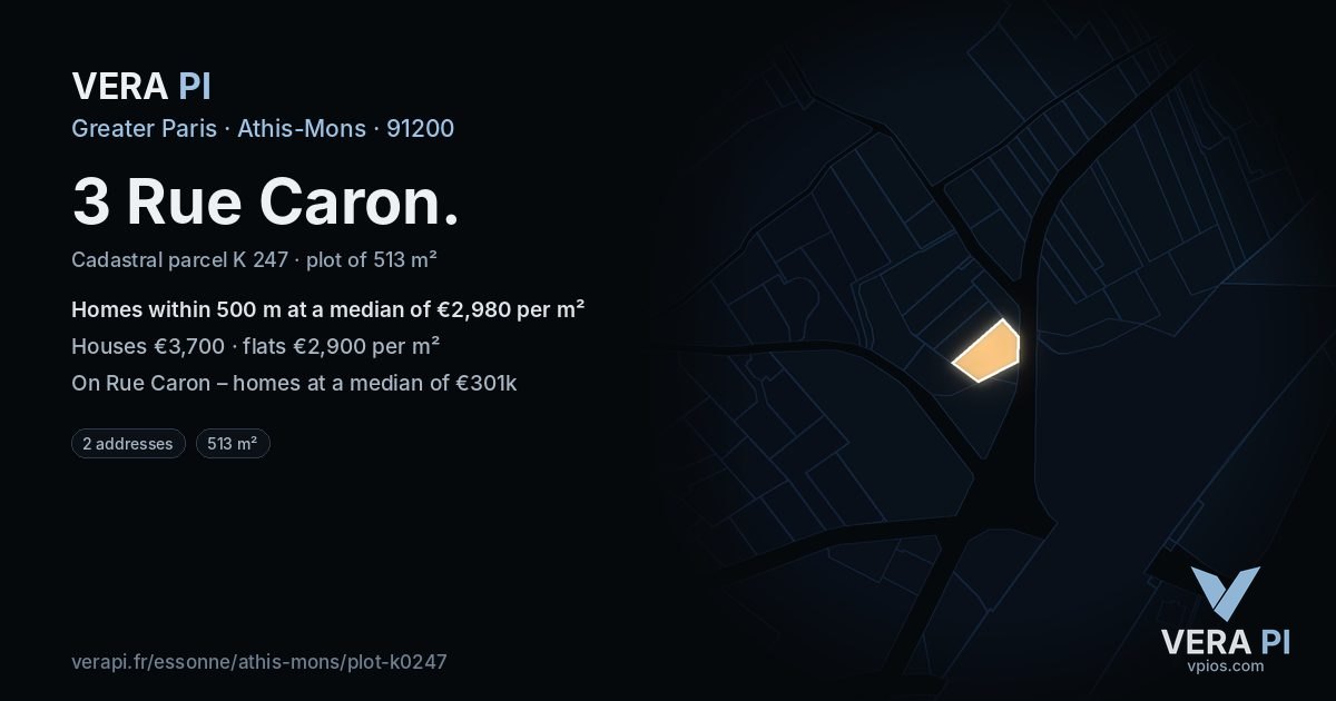 3 Rue Caron, Athis-Mons at night – the plot lit, the parcels around coloured by the prices near them