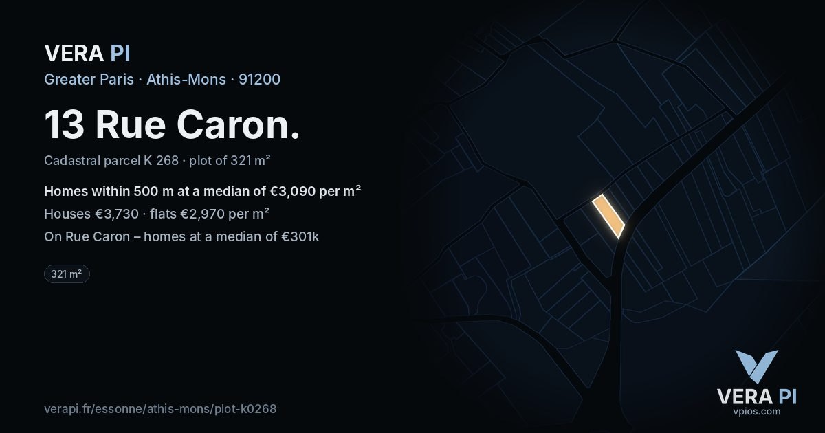 13 Rue Caron, Athis-Mons at night – the plot lit, the parcels around coloured by the prices near them