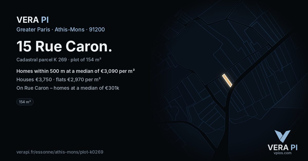 15 Rue Caron, Athis-Mons at night – the plot lit, the parcels around coloured by the prices near them