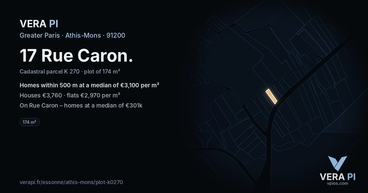 17 Rue Caron, Athis-Mons at night – the plot lit, the parcels around coloured by the prices near them