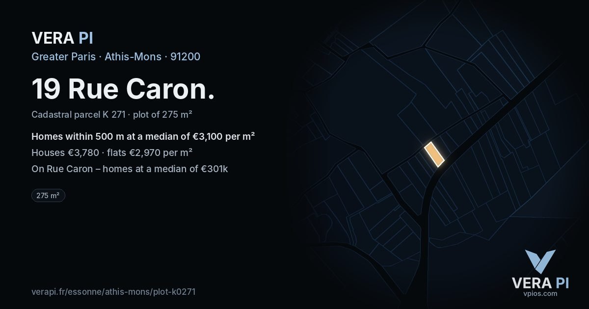 19 Rue Caron, Athis-Mons at night – the plot lit, the parcels around coloured by the prices near them