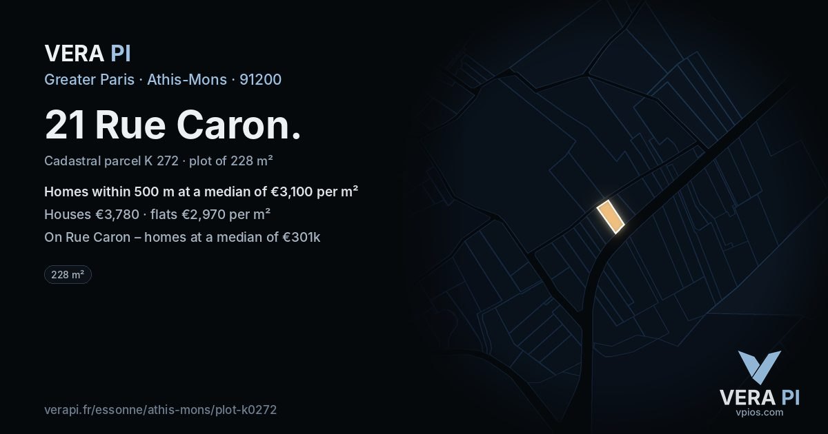 21 Rue Caron, Athis-Mons at night – the plot lit, the parcels around coloured by the prices near them