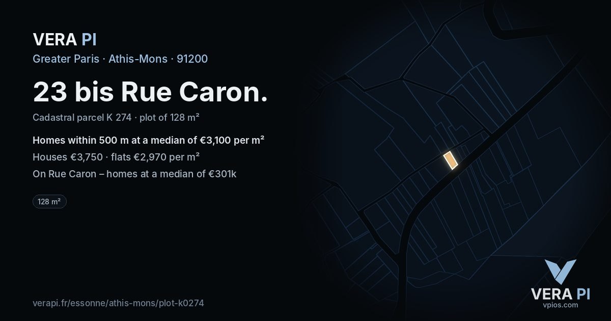 23 bis Rue Caron, Athis-Mons at night – the plot lit, the parcels around coloured by the prices near them