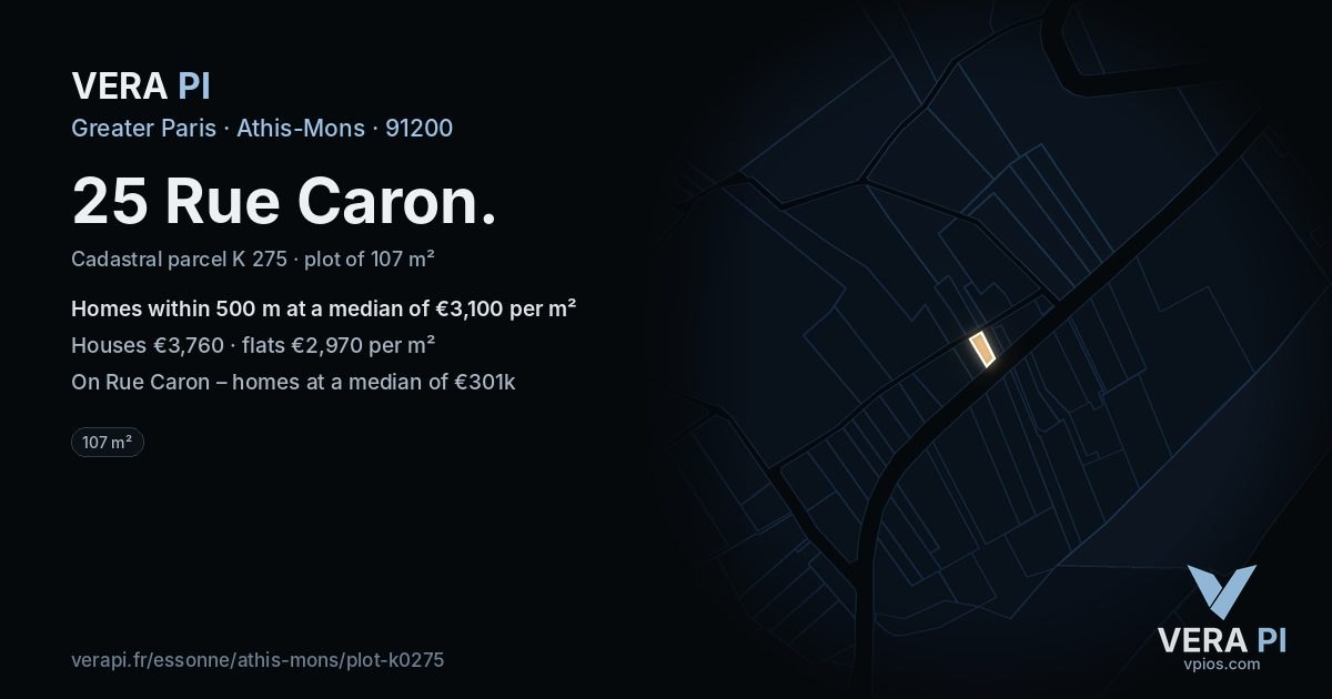 25 Rue Caron, Athis-Mons at night – the plot lit, the parcels around coloured by the prices near them