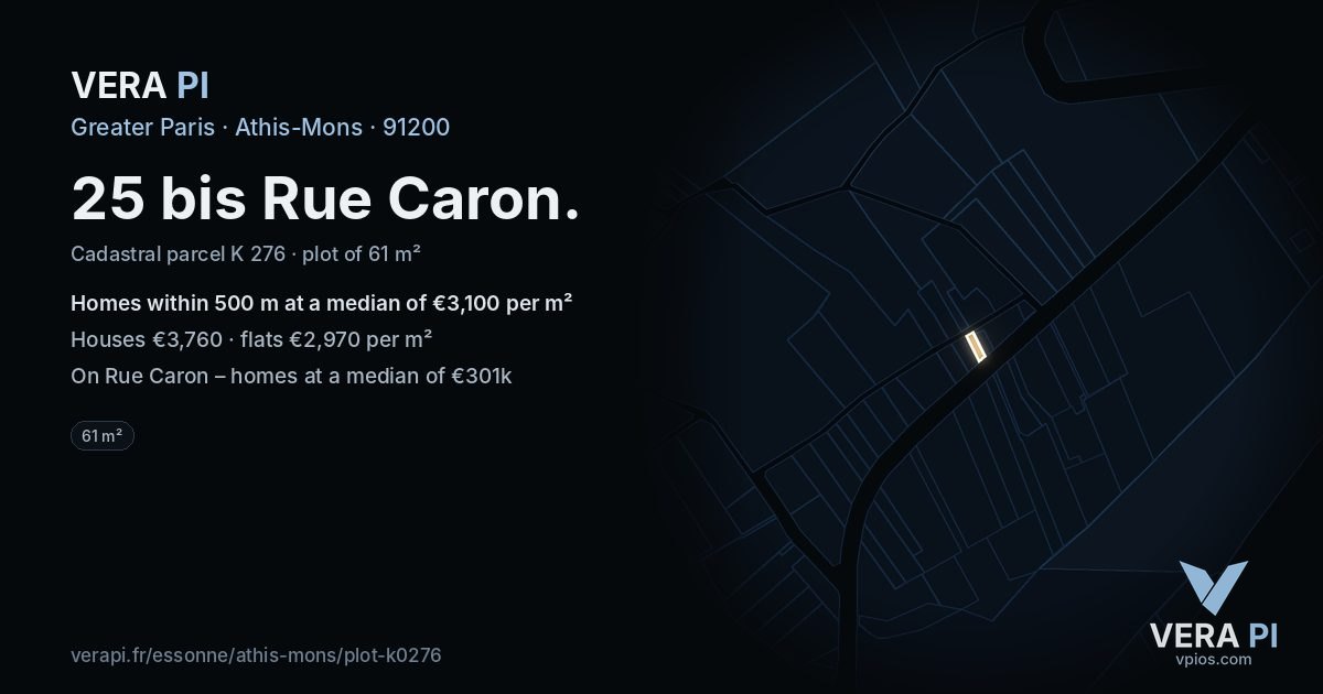 25 bis Rue Caron, Athis-Mons at night – the plot lit, the parcels around coloured by the prices near them